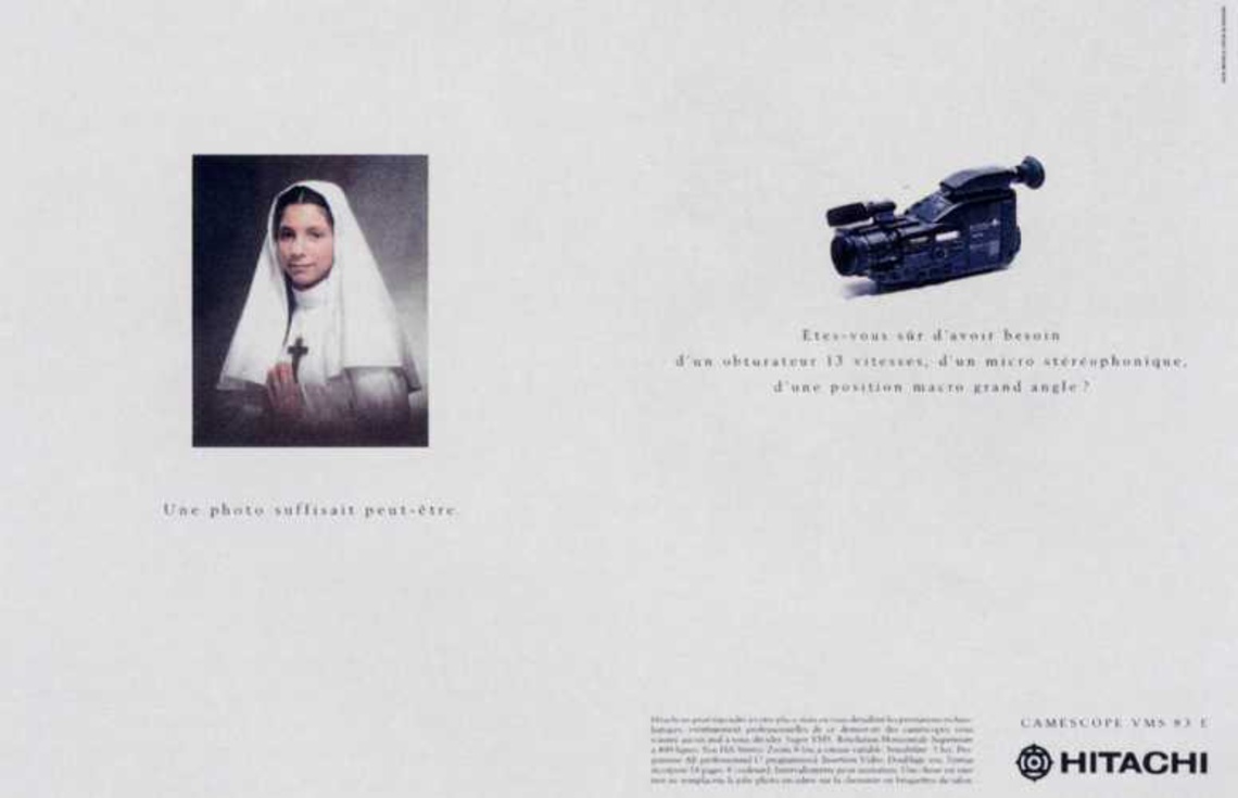 Headline left: Maybe a photograph is quite enough. Headline right: Are you sure you really need a camcorder with a 13-speed shutter, a stereo mike and wide-angle macro? Excerpts from the long copy: Hitachi cannot answer this for you but we can give you detailed technical information about our latest camcorder. ... One thing, however, is quite certain. Nothing will replace the pretty framed photograph on the mantlepiece.