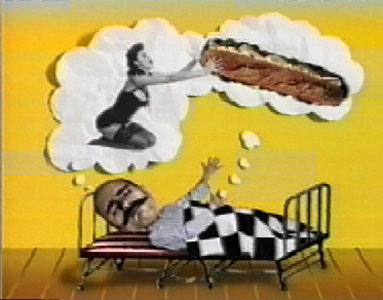 Pans Food "Enfermera" + "Sueno" [00:20]#
Another series of animated commercials making use of collages.  In the first a father in a maternity ward is presented with twins - except that they are not human but a pair of delicious Pan baguettes.  He takes a hefty bite out of them.  In the second spot, a man is asleep in his bed dreaming of an attractive young woman.  But in another "dream bubble" a huge Pans Food baguette suddenly pops up.  Angry about the competition, the dream woman swallows it whole.