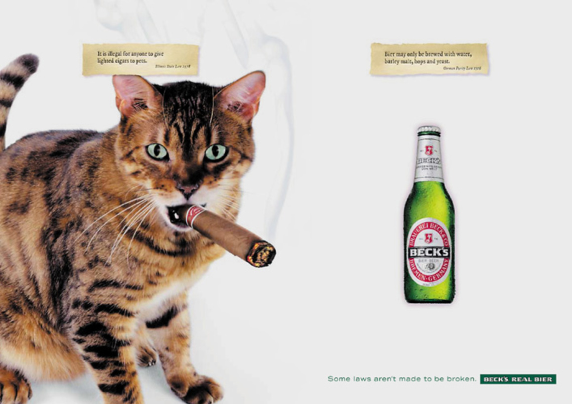 Left: It´s illegal for anyone to give lighted cigars to pets. - Illinois State Law 1978. Right: Bier may only be brewed with water, bartley, hops and yeast. - German Purity Law 1516.