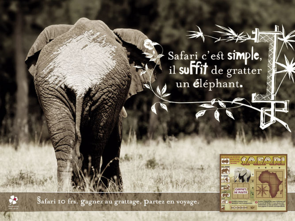 Safari is really simple. All you need to do is scratch the elephant. Pay off: Safari 10F. Choose between Kenya and 20,000 Euro. Campaign for a scratch card lottery.