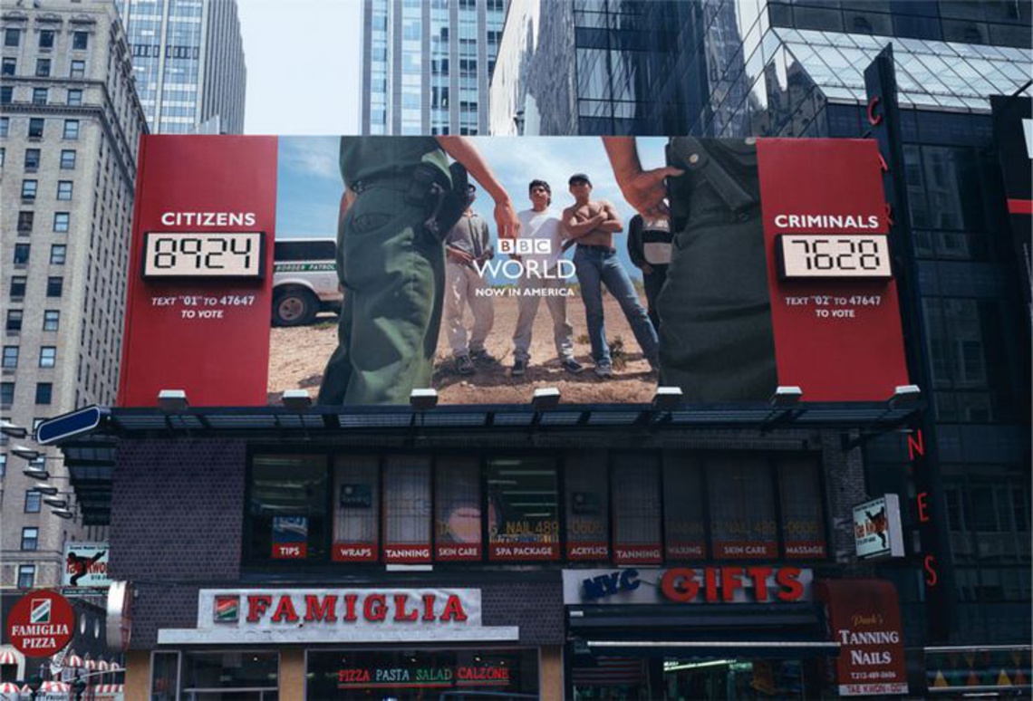 (Pay-off: BBC World. Now in America.) Ambient-media campaign for BBC World, featuring actual numbers relating to a variety of
current news stories that appeared on a billboard.