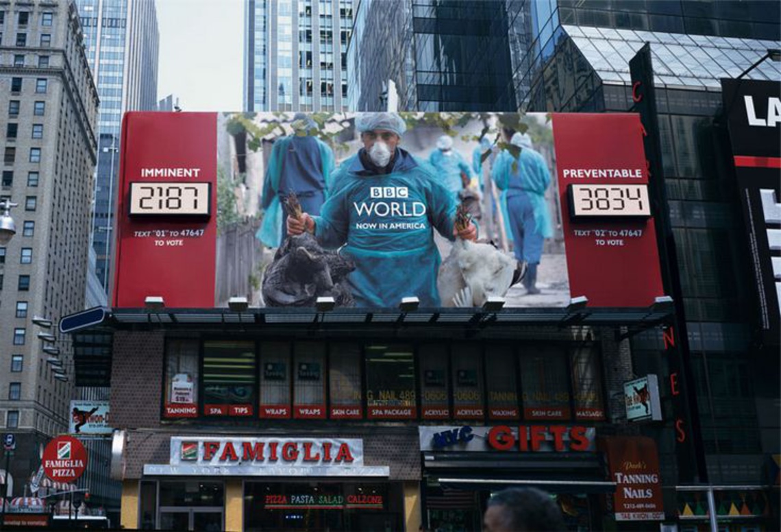 (Pay-off: BBC World. Now in America.) Ambient-media campaign for BBC World, featuring actual numbers relating to a variety of
current news stories that appeared on a billboard.