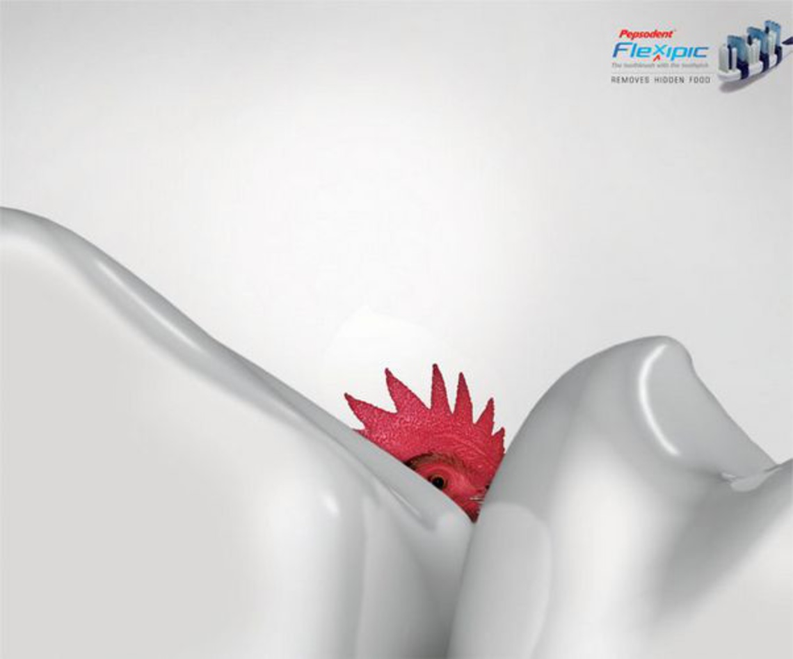 (Pepsodent Flexipic. The toothbrush with the toothpick. Removes hidden food.) Campaign for the
Pepsodent Flexipic toothbrush.