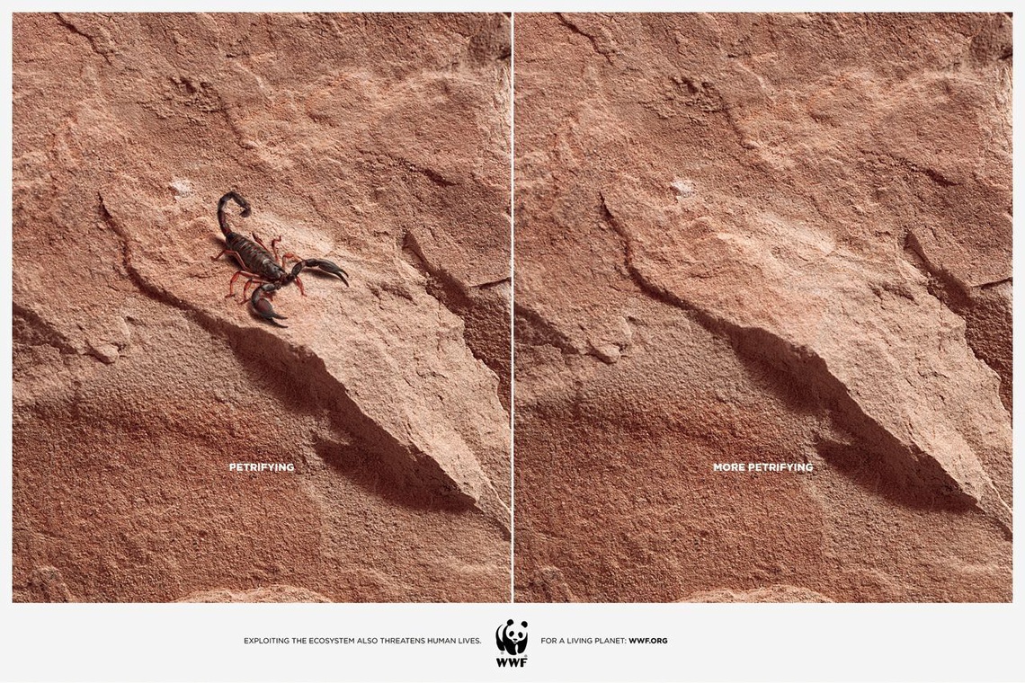 (Exploiting the ecosystem also threatens human lives. Pay-off: WWF. For a living planet.)