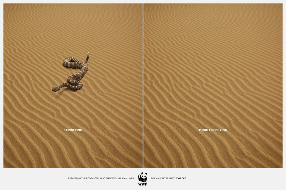 (Exploiting the ecosystem also threatens human lives. Pay-off: WWF. For a living planet.)