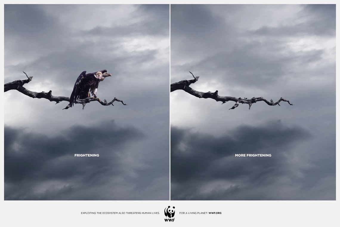 (Exploiting the ecosystem also threatens human lives. Pay-off: WWF. For a living planet.)