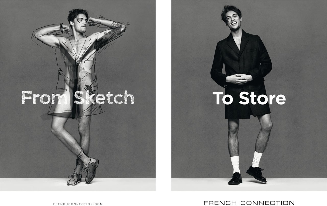 Campaign for fashion retailer French Connection featuring sketches of its designs superimposed onto naked models.