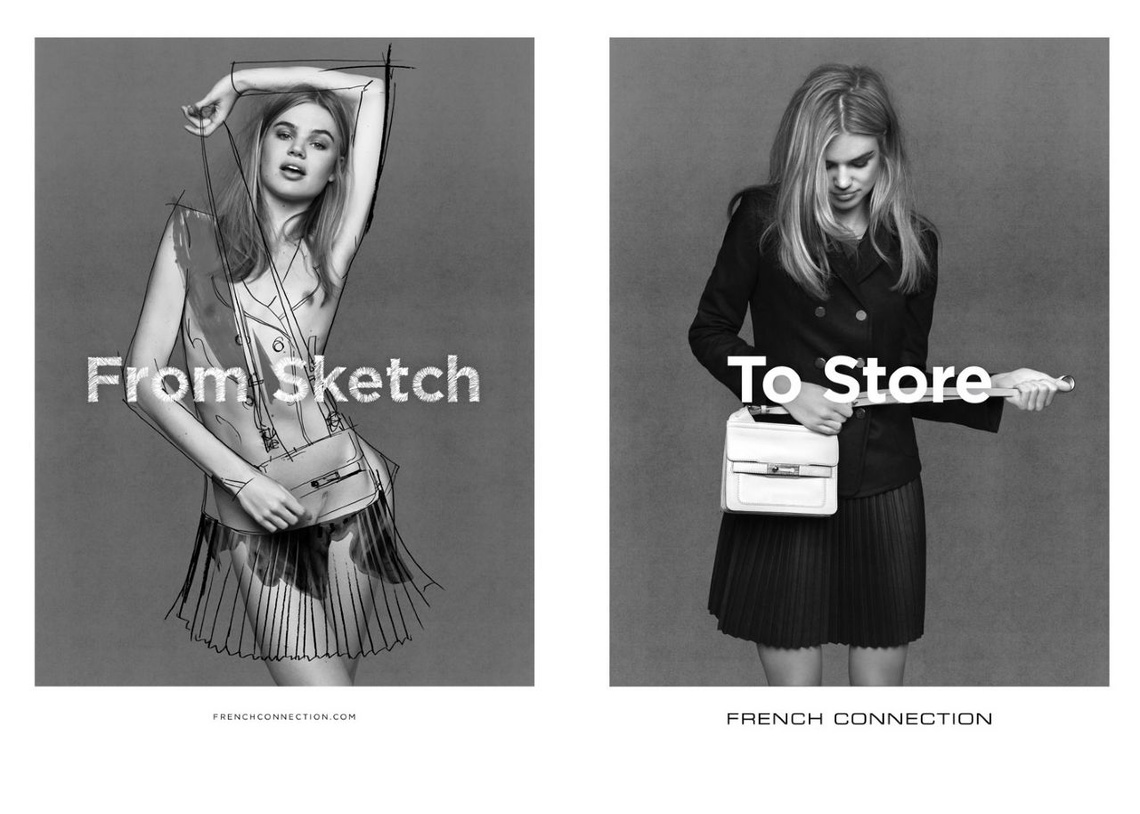 Campaign for fashion retailer French Connection featuring sketches of its designs superimposed onto naked models.