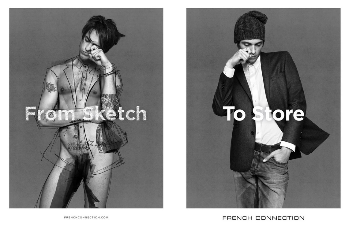 Campaign for fashion retailer French Connection featuring sketches of its designs superimposed onto naked models.