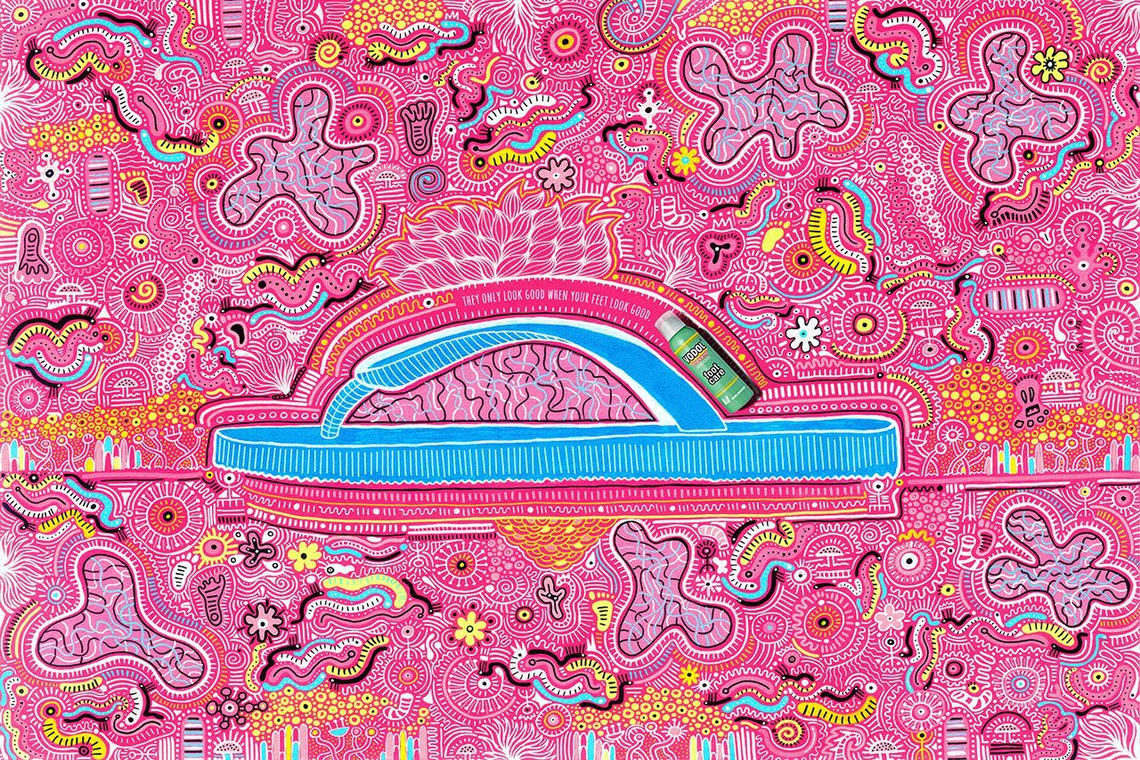 They only look good when your feet look good.
Campaign for Vodol foot deodorant which, by including
images of bacteria and foot fungus, spoofs the brightly
illustrated ads used to advertise Havaianas flip flops.