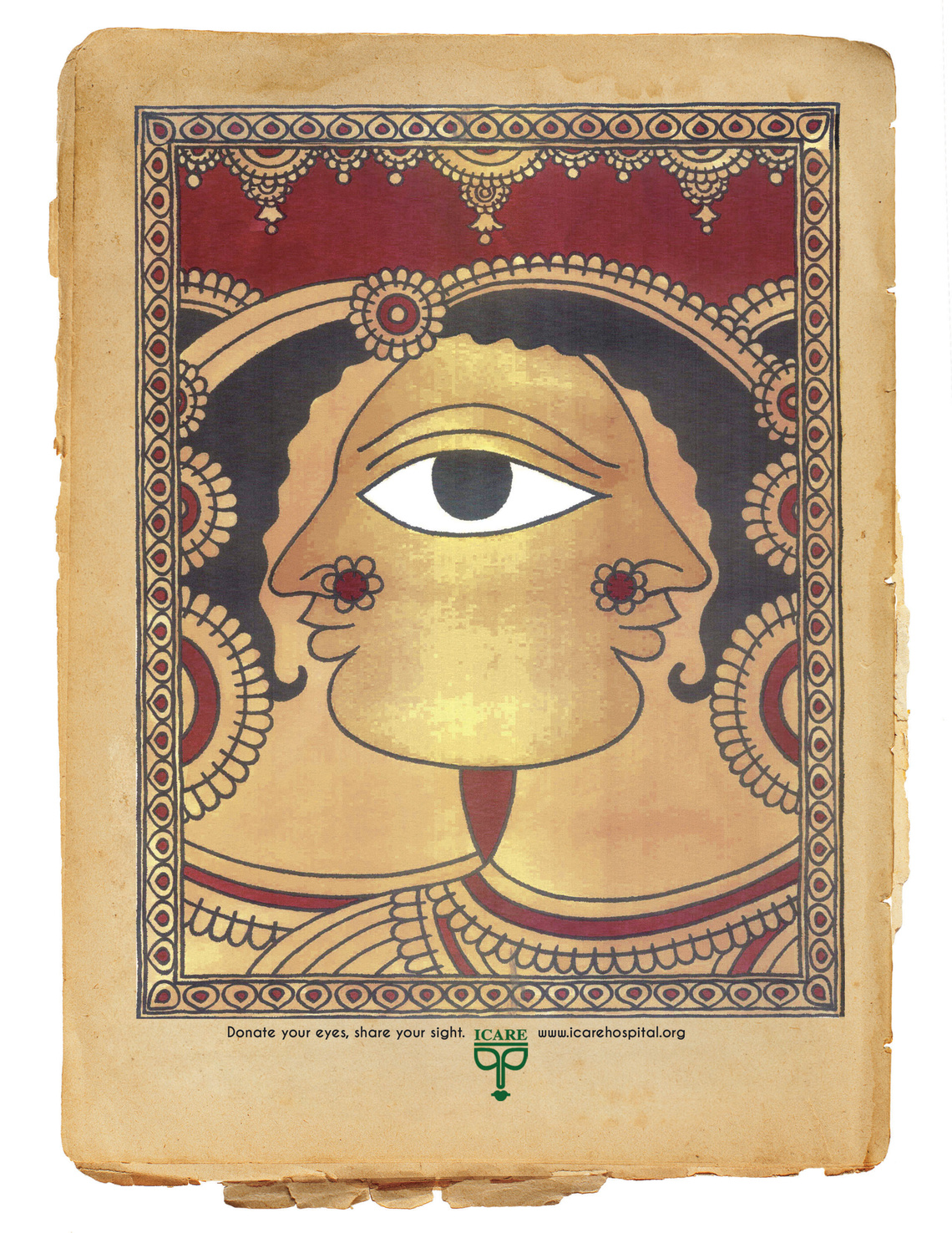 Donate your eyes, share your sight. Poster campaign to raise awareness for the Indian ICare Eye Hospital’s frequent eye donation drives, featuring a Bengali folk art known as “Jamini style.”