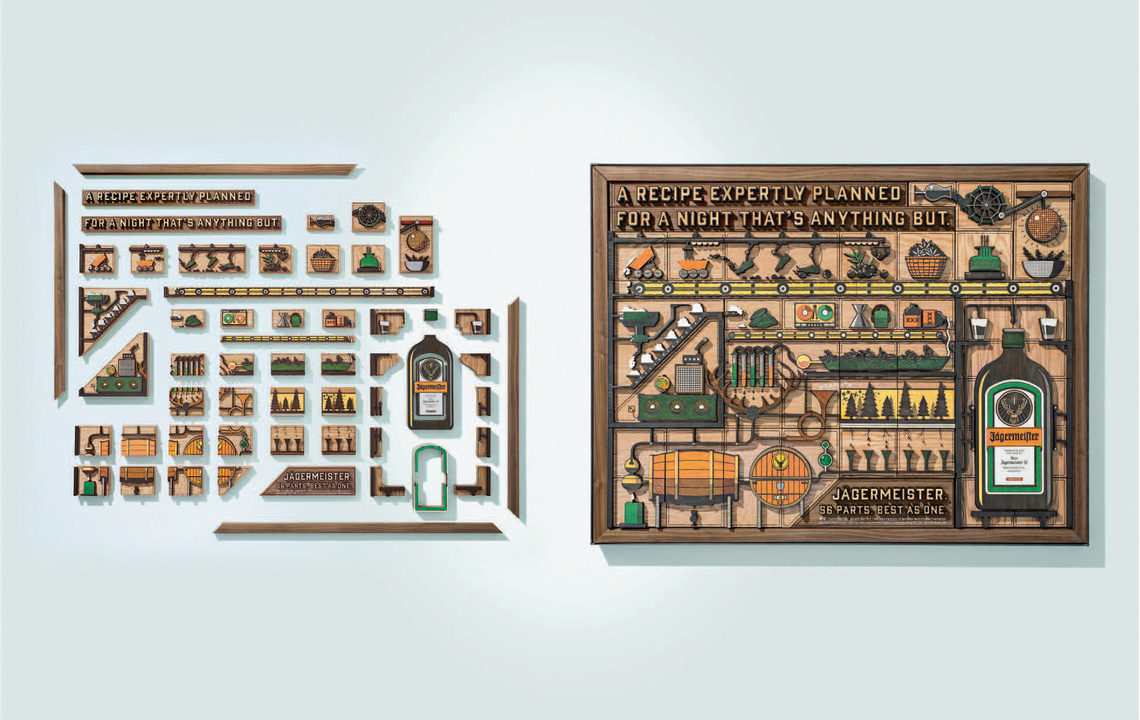 Puzzle ads for Jägermeister made – just like the herbal liqueur itself – from exactly 56 parts.