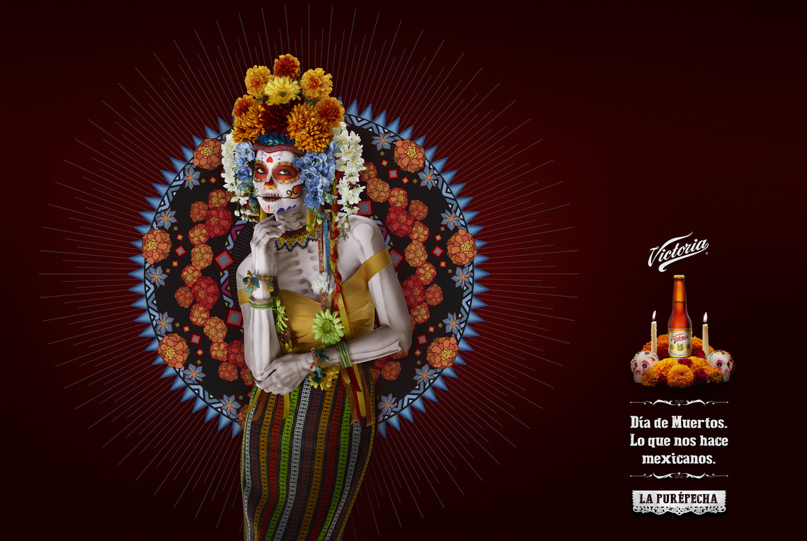 This campaign for Mexican beer brand Victoria reinterprets the symbol of death as embodied in the iconic female skeleton figure known as La Catrina by giving her an attractive, more regionally flavored appearance.