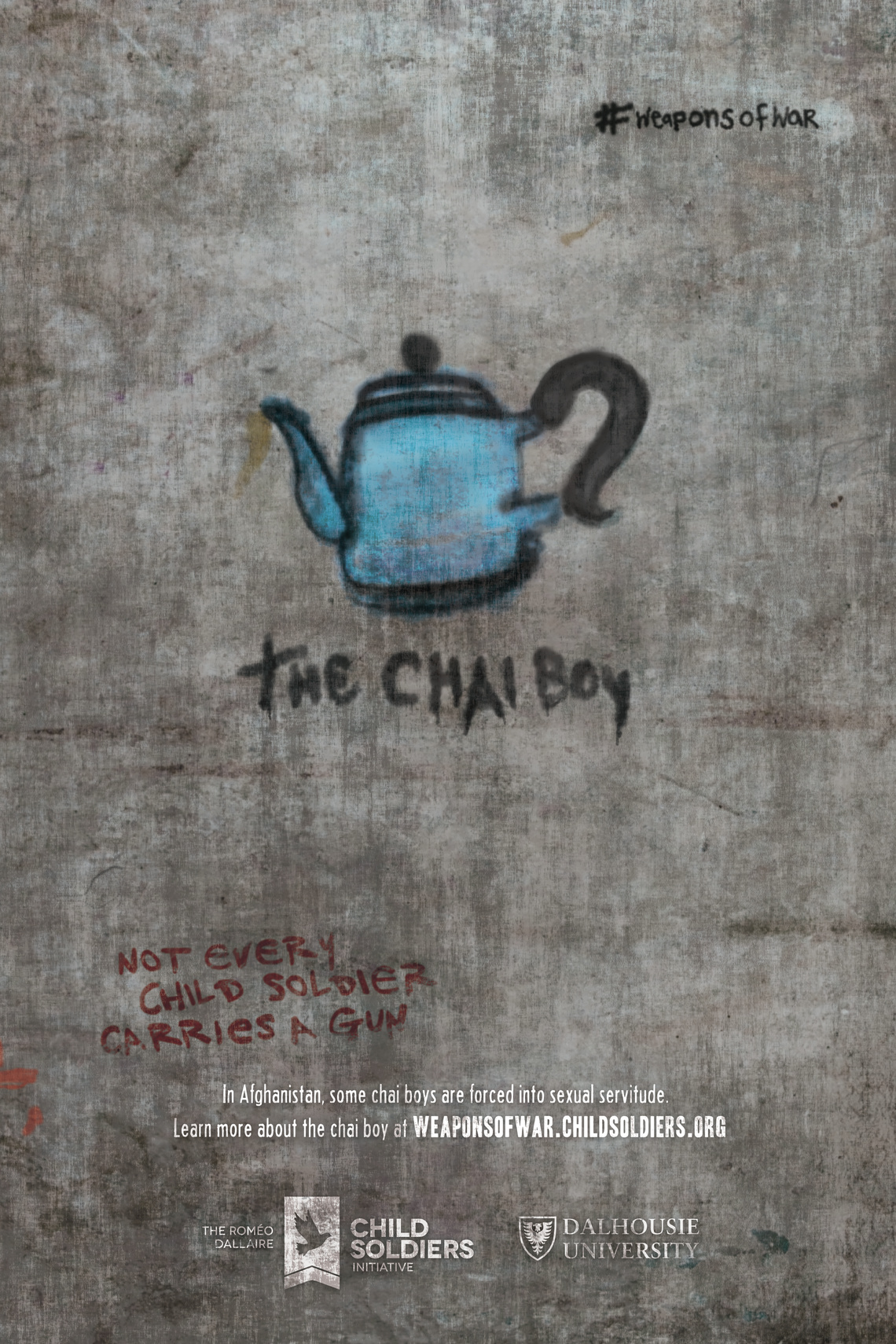 In Afghanistan, some chai boys are forced into sexual servitude. Learn more about the chai boy …
Campaign, sponsored by the Roméo Dallaire Child Soldiers Initiative, seeking to raise awareness of the multitude of different tasks performed by child soldiers around the globe