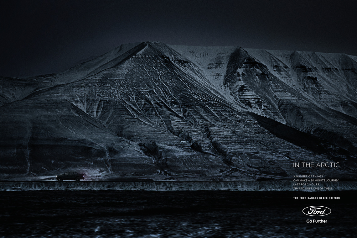 In the Arctic, a number of things can make a 20 minute journey last for two hours. Traffic isn’t one of them. – The Ford Ranger Black Edition.
This campaign for Ford was shot in one of the darkest and toughest places on earth, the Arctic island of Svalbard, where people live, work and drive for over 100 days in the dark.