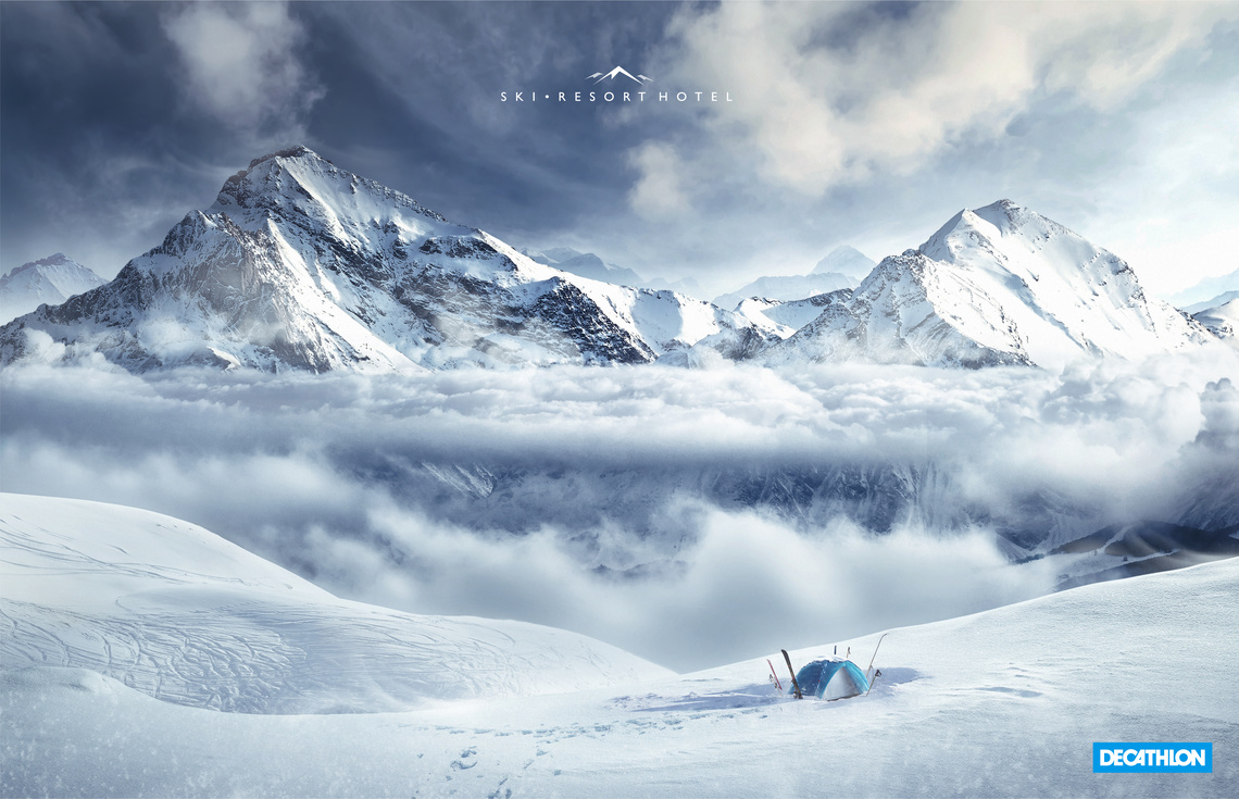 Ski resort hotel.
Campaign for Decathlon’s Quechua brand tents.