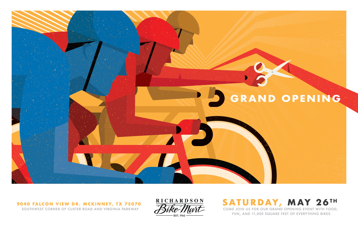 Poster campaign announcing the grand opening of a new Richardson Bike Mart store and the accompanying race.