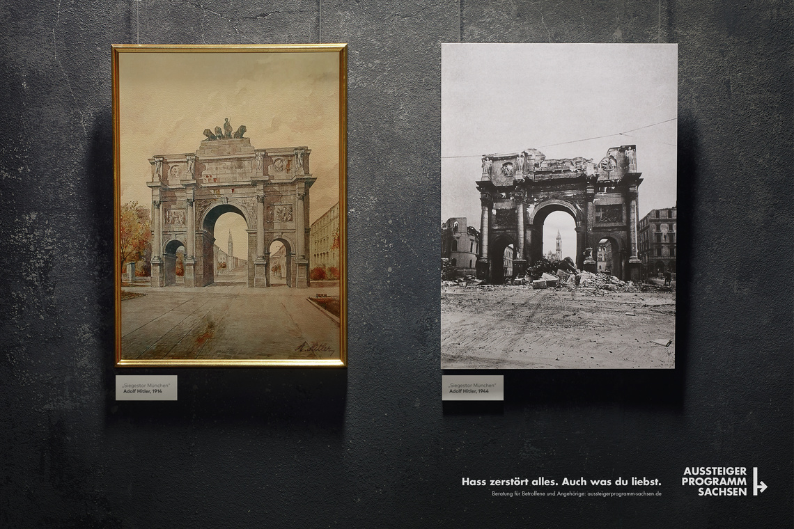 This campaign by the “Aussteiger Programm” (English: Drop out program) addresses the current issue of right-wing radicalism, especially among youth. The program targets those joining right-wing radical groups on social media. It shows before and after pictures of famous German monuments destroyed by Hitler.