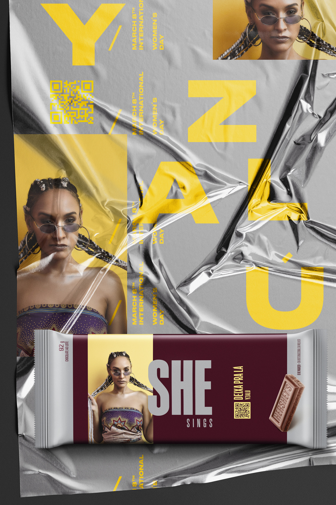 On International Women’s Day chocolate brand Hershey featured work by female artists on its products’ packaging. Additionally, the print campaign played off the syllables “Her” and “She” in its brand name.