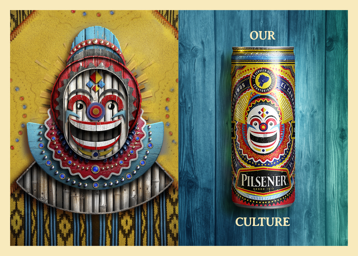 Campaign for Pilsener beer showing Ecuadorian carnival icons.