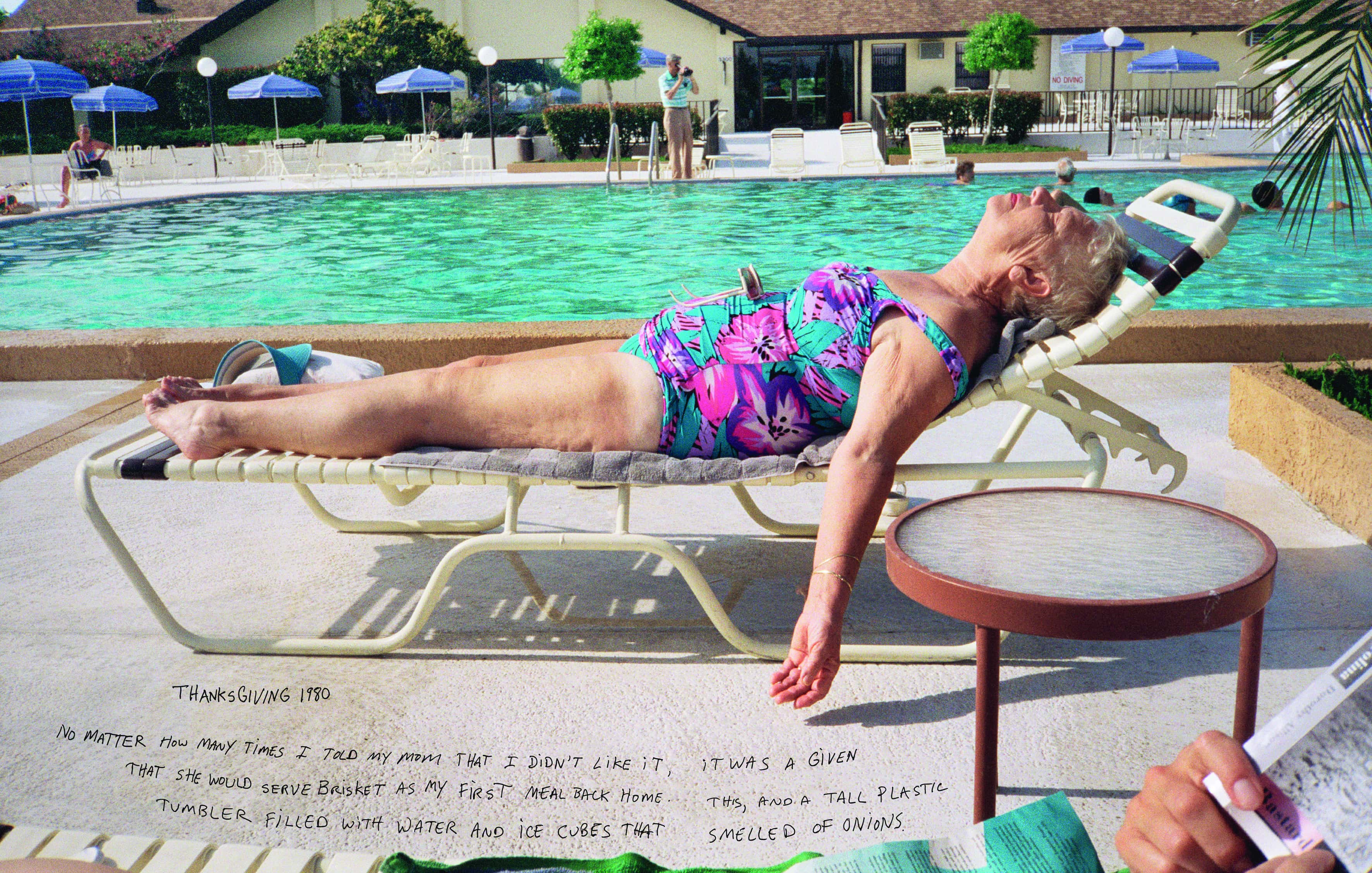 jim goldberg's mother sunbathing, with his own text written over the top.