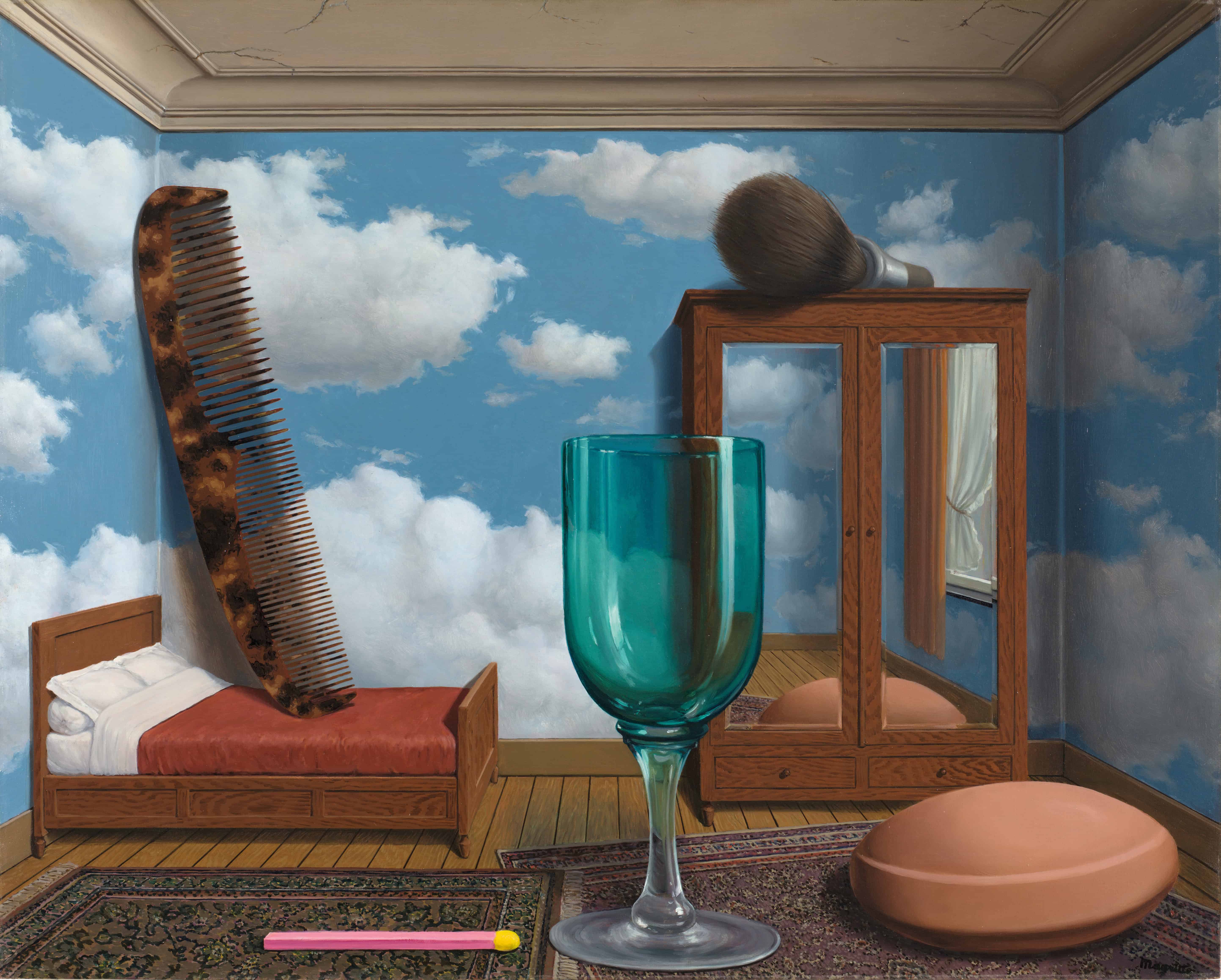 René Magritte, Les Valeurs personnelles (Personal Values), 1957 © Adagp, Paris 2021. A room with a blue and cloudy sky for walls contains a normal sized bed, wardrobe and rugs, and a giant sized match, comb, wineglass, soap and makeup brush.